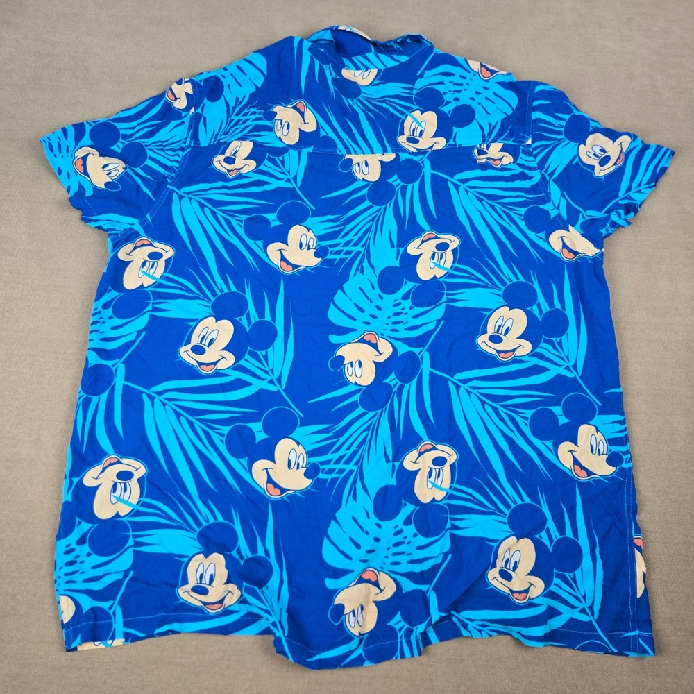 Disney Mickey Mouse Blue Hawaiian Tropical Palm Rayon Button Up Shirt Mens XXL - Picture 2 of 5